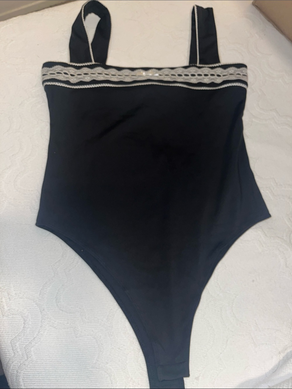 Forever 21 Black One-Piece Bodysuit with Cream Lace Trim